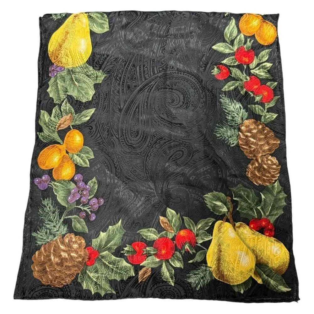 Vintage Luxury Fashion Silk Scarf Black Harvest‎ Fruit Motif Holiday Wrap